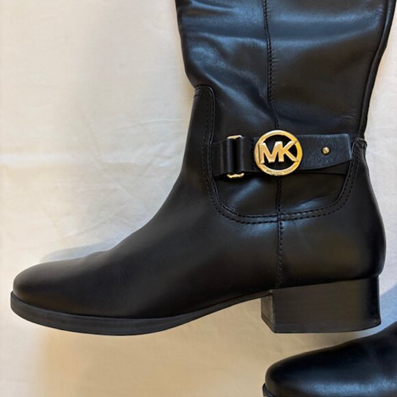 Michael Kors Black Leather Tall Boots with Gold Tone Logo Accent Size 8M - Picture 3 of 11